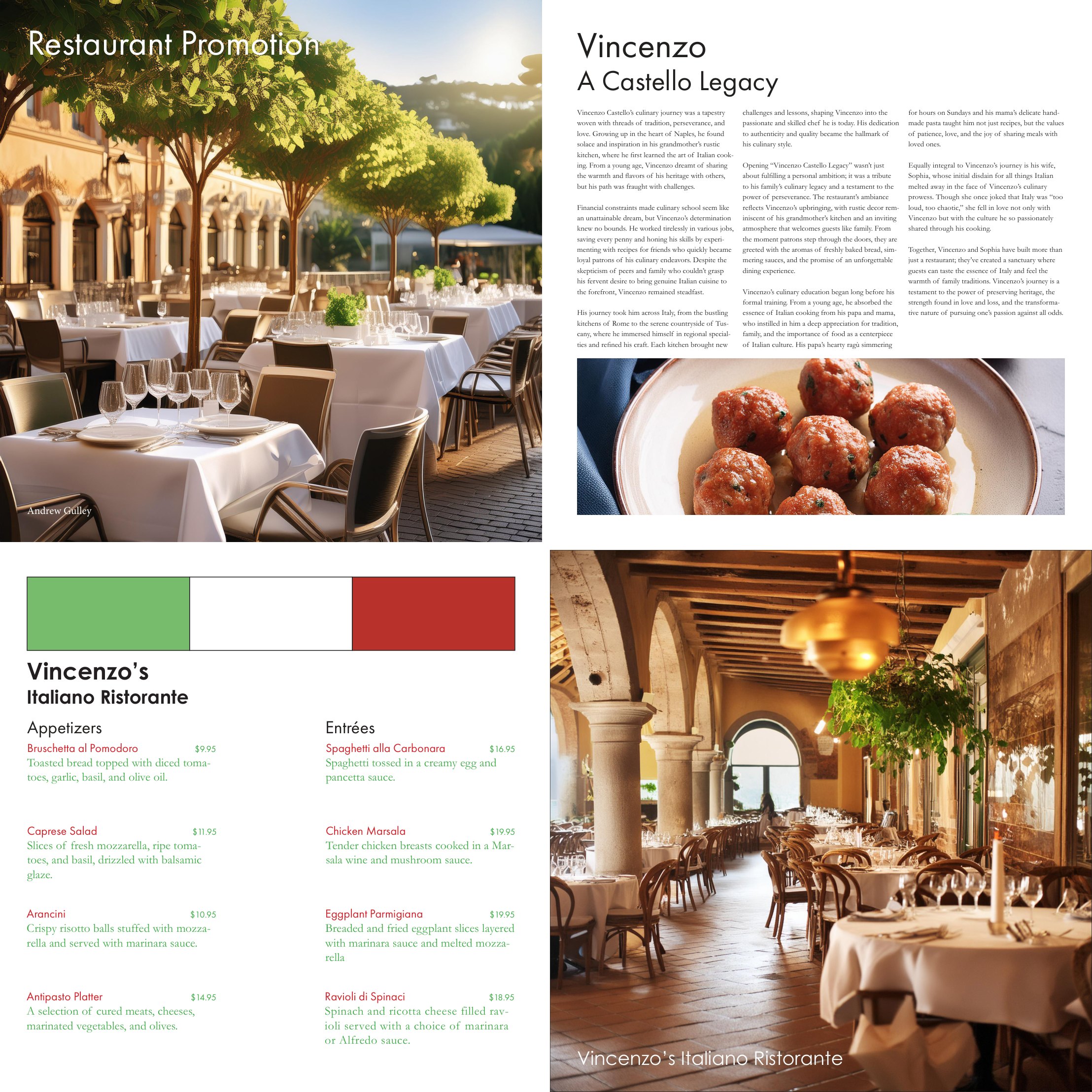 Restaurant promotion: cover, owner story, menu and back page for Vincenzo's Italiano Ristorante